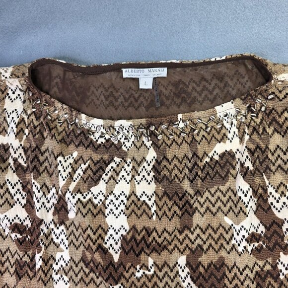 Alberto Makali Blouse Women Large Brown Chevron Crochet Knit Batwing Crop Urban - Picture 4 of 10